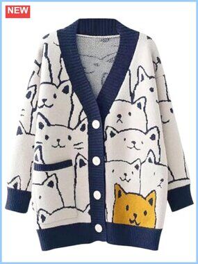 Knit Cat Cardigan Oversized Kawaii V-Neck Button Down Sweater